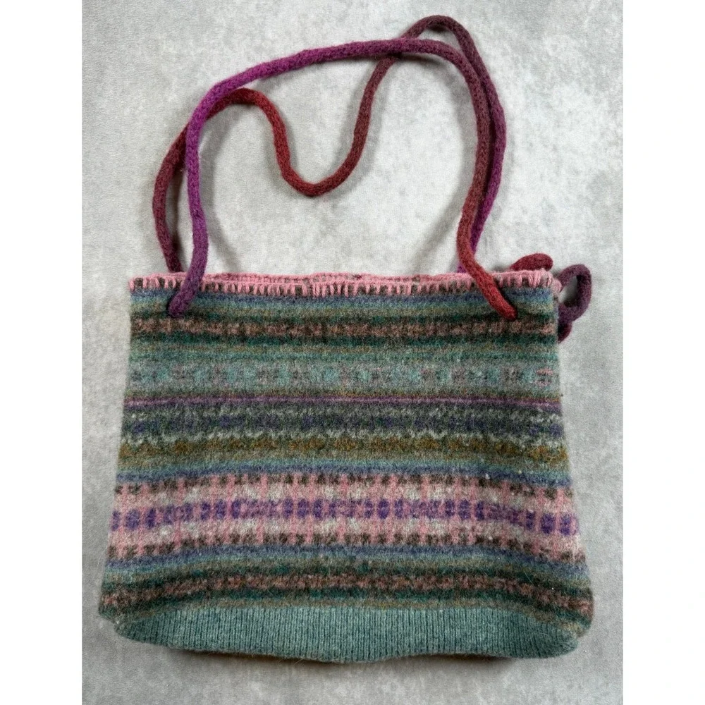 Handmade Felted Wool Tote Bag Multicolor Fair Isle Boho Shoulder Purse Pockets
